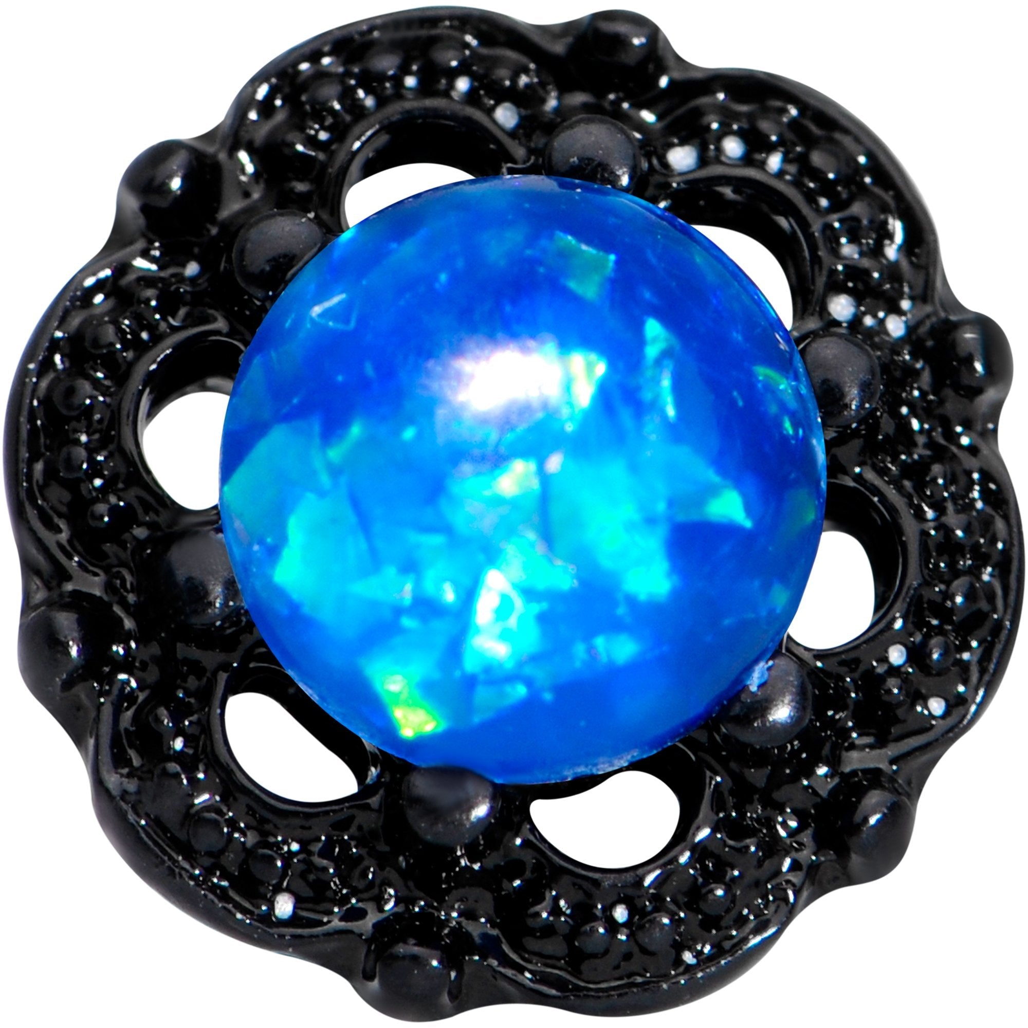 16G 1/4 Black PVD Blue Faux Opal Ornate Tragus Cartilage Earring