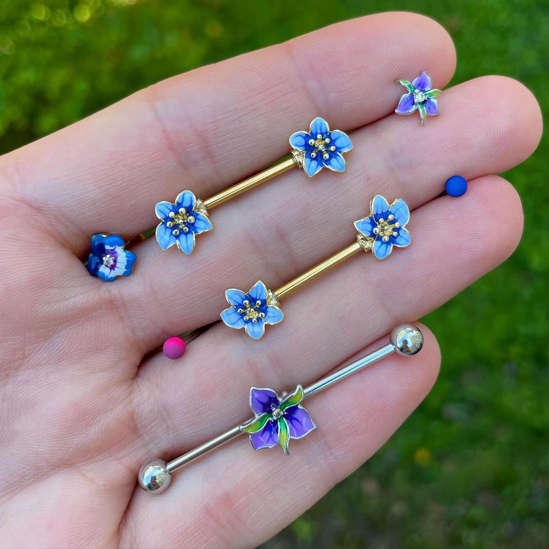 20G 1/4 Clear Gem Exotic Purple Flower Nose Bone