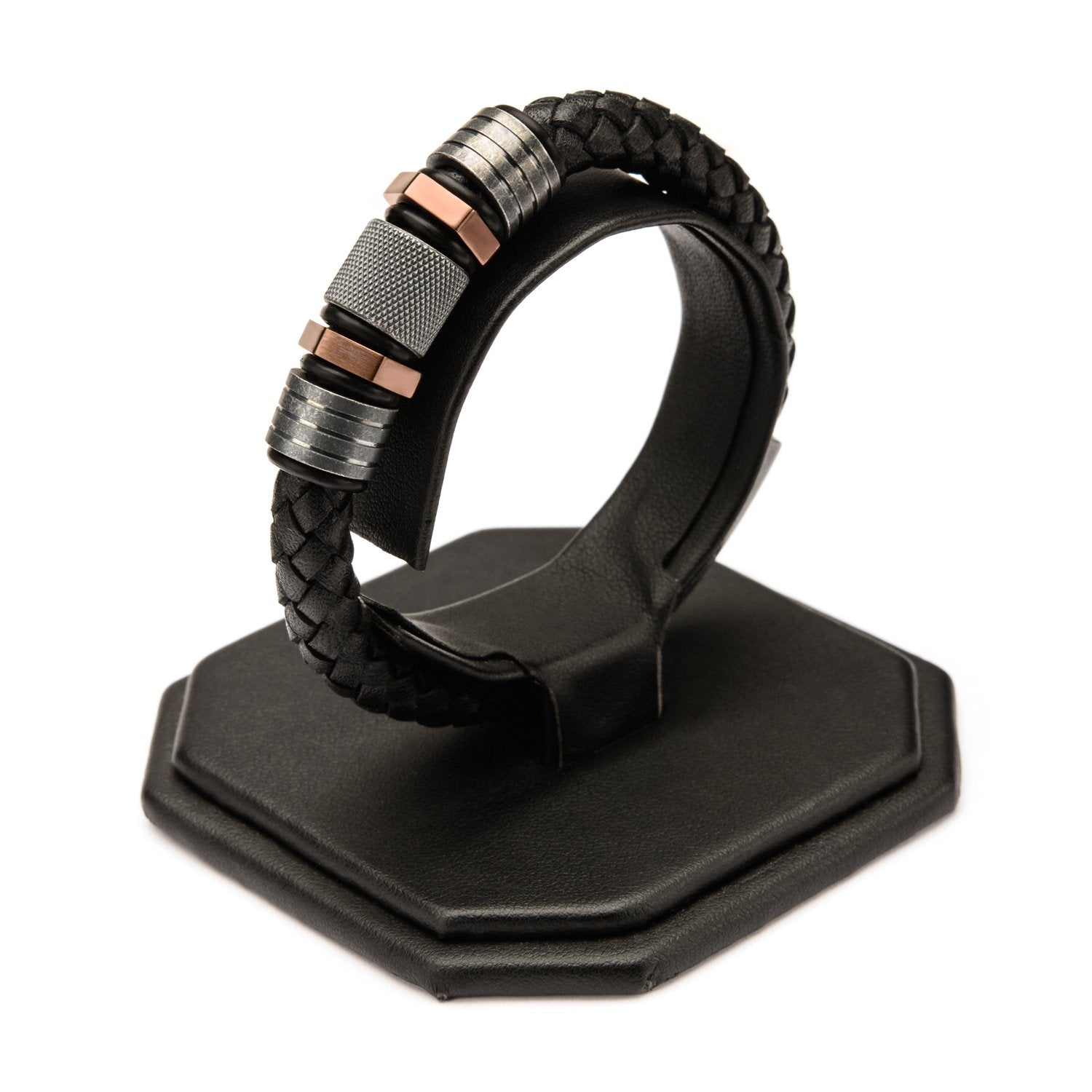 Mens Black Braided Leather Rose Gold IP & Steel Beads Bracelet
