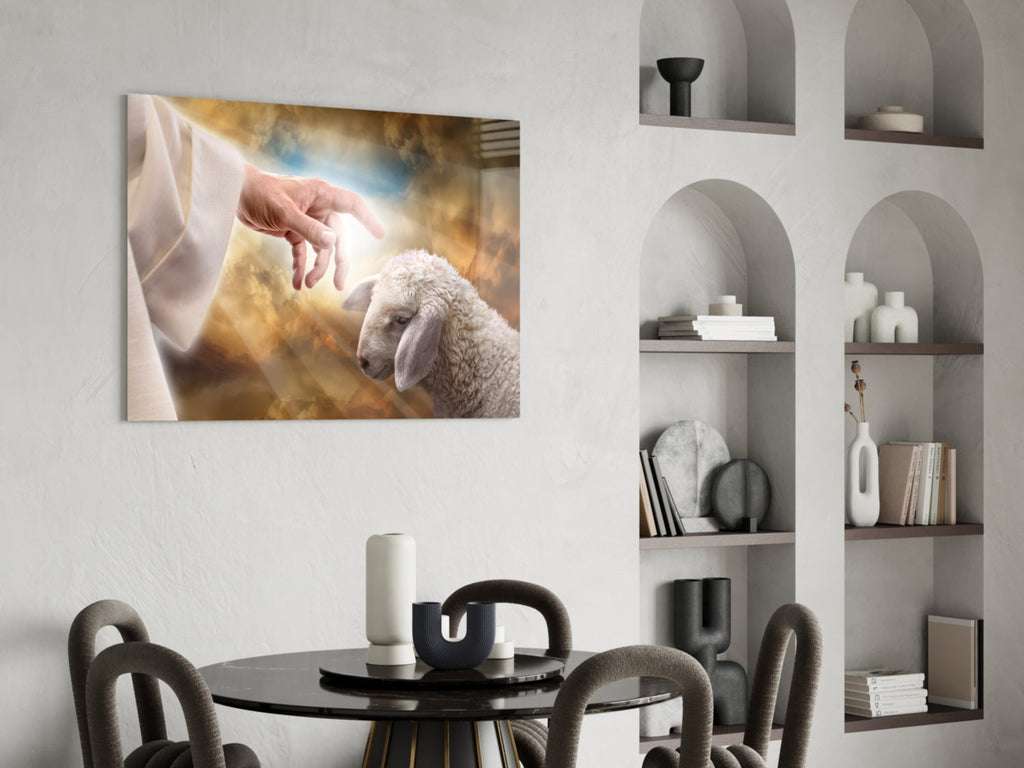 God'S Hand And The Sheep Glass Wall Art